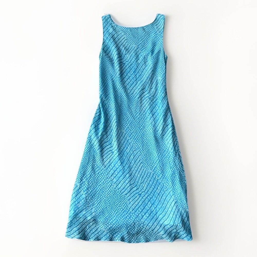 Mannequines Aqua Blue Animal Print Midi Dress L Scoop Back VTG US S